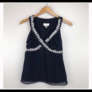 LOFT Navy Blue White Beaded Sleeveless Top
